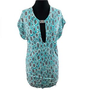 Trina Turk Turquoise Gray Geometric Print Short Sleeve Tunic Top Size XS